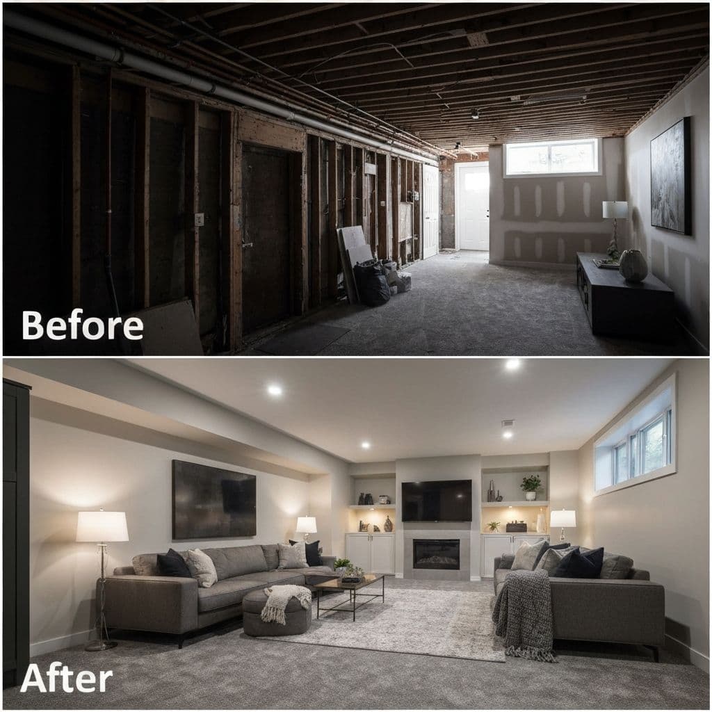 Newly finished basement living space transformation