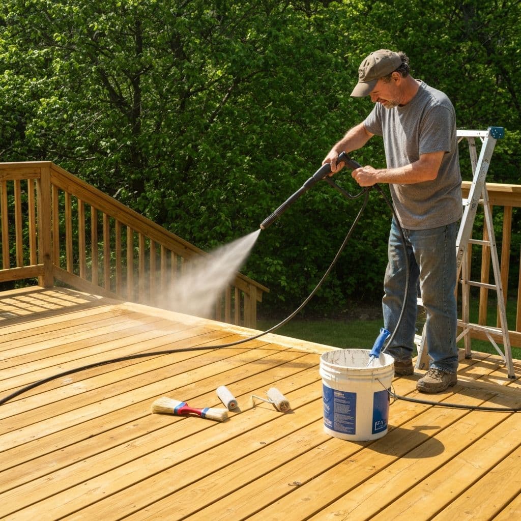 Homeowner cleaning and sealing a wooden deck in spring