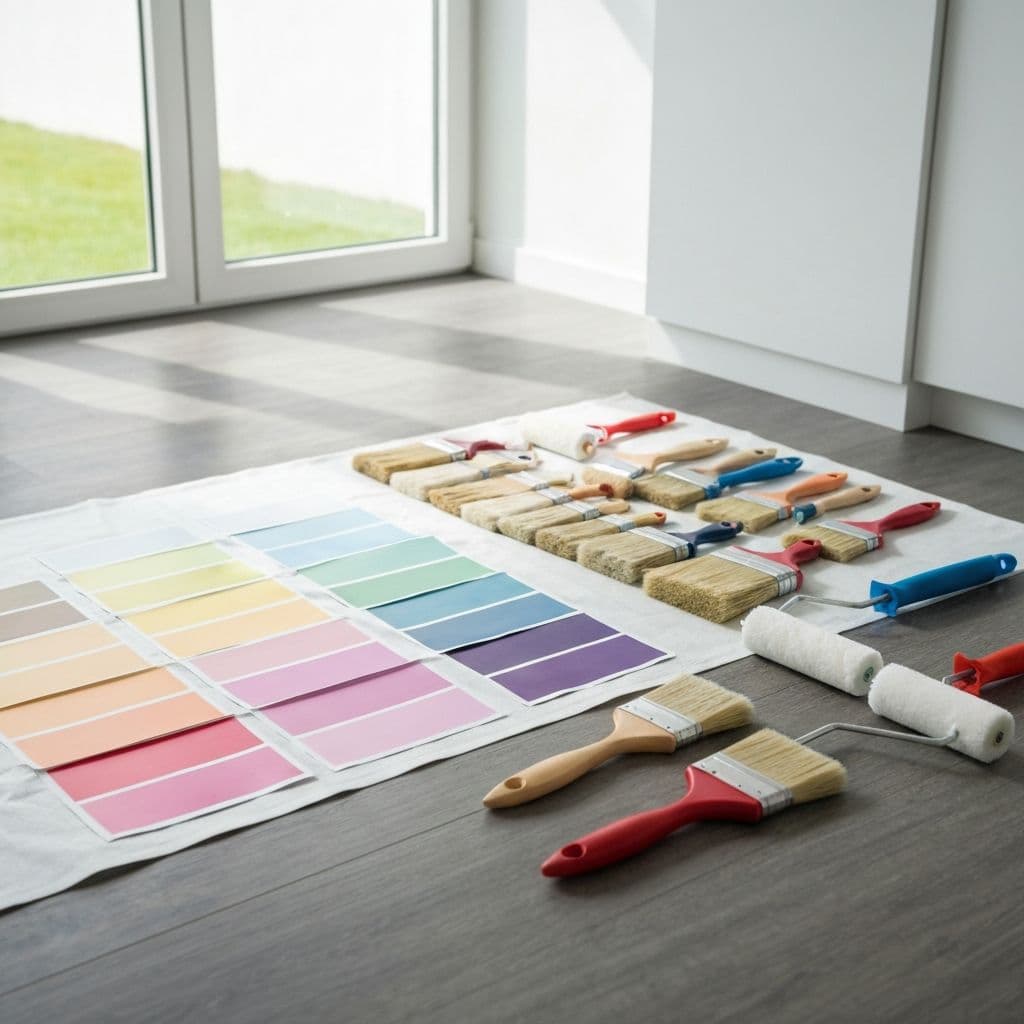 Professional interior painting setup with brushes and paint swatches