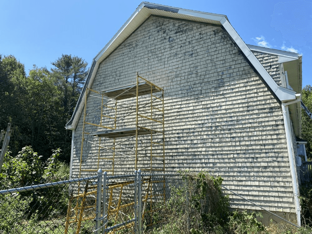 Dirty house siding, before it was powerwashed