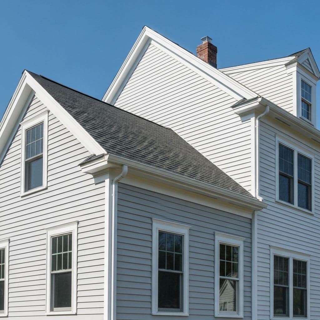 Newly installed, white siding on a home